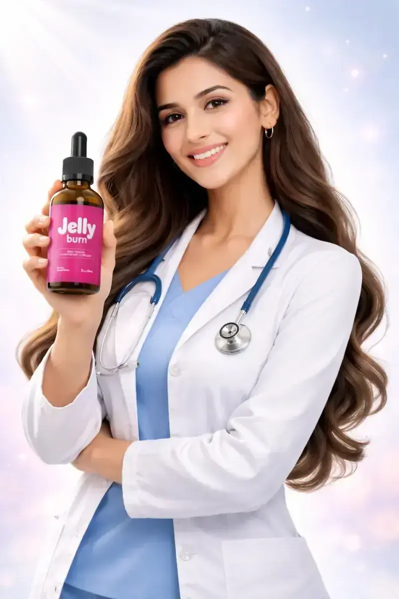 "Female doctor in a white coat holding a Jelly Burn supplement bottle, professional medical endorsement."